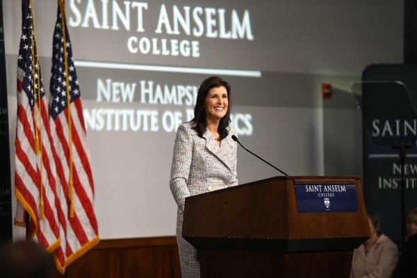 Former governor Nikki Haley speaking at the NHIOP